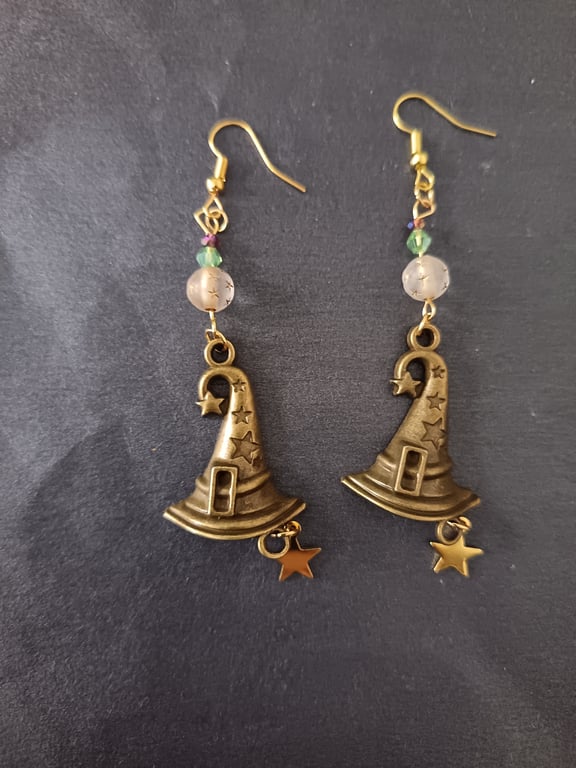 Gold and bronze witch's hat charm dangle earrings with bead and star detail