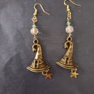 Gold and bronze witch's hat charm dangle earrings with bead and star detail