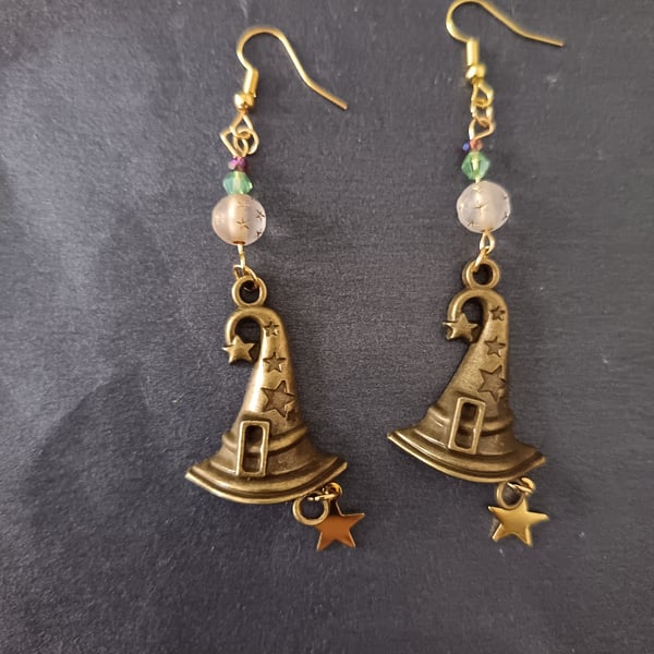 Gold and bronze witch's hat charm dangle earrings with bead and star detail