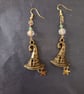Gold and bronze witch's hat charm dangle earrings with bead and star detail