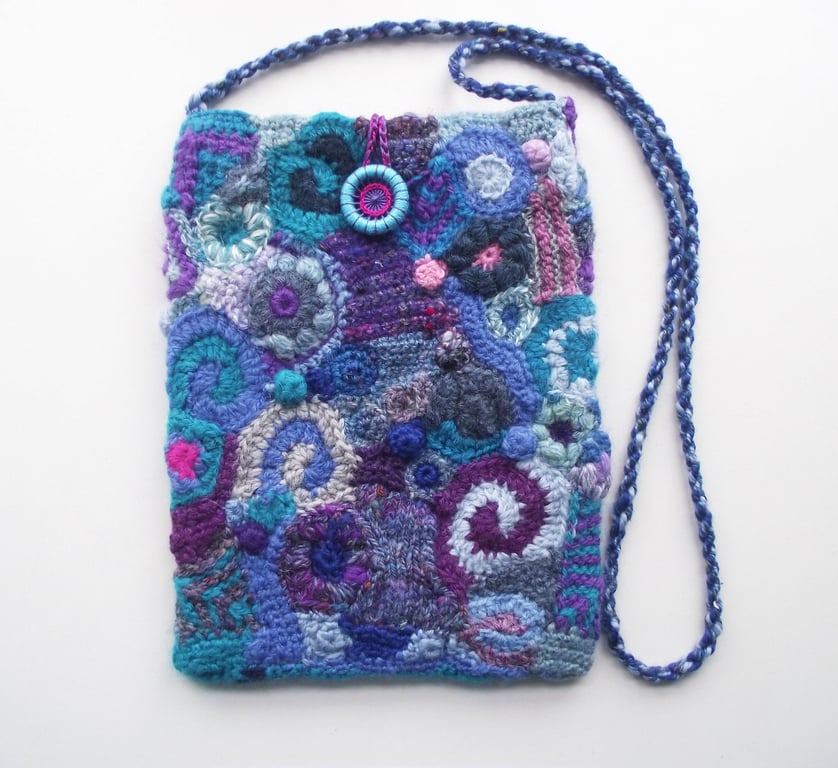 Crossbody Boho Bag, Purse, Blue, Purple & Pink, Handspun, Knitted, Crochet