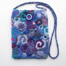 Crossbody Boho Bag, Purse, Blue, Purple & Pink, Handspun, Knitted, Crochet