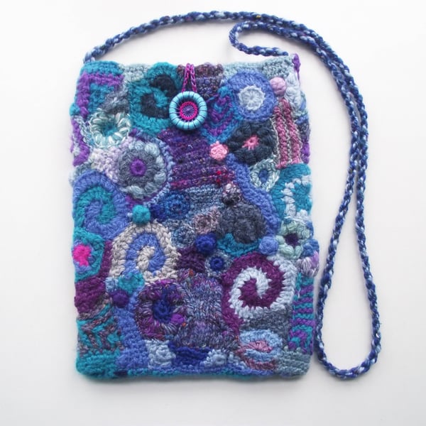 Crossbody Boho Bag, Purse, Blue, Purple & Pink, Handspun, Knitted, Crochet