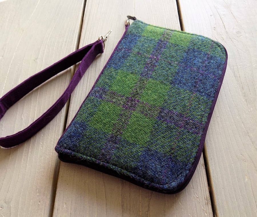Harris Tweed zip around wallet in pea green, blue and violet