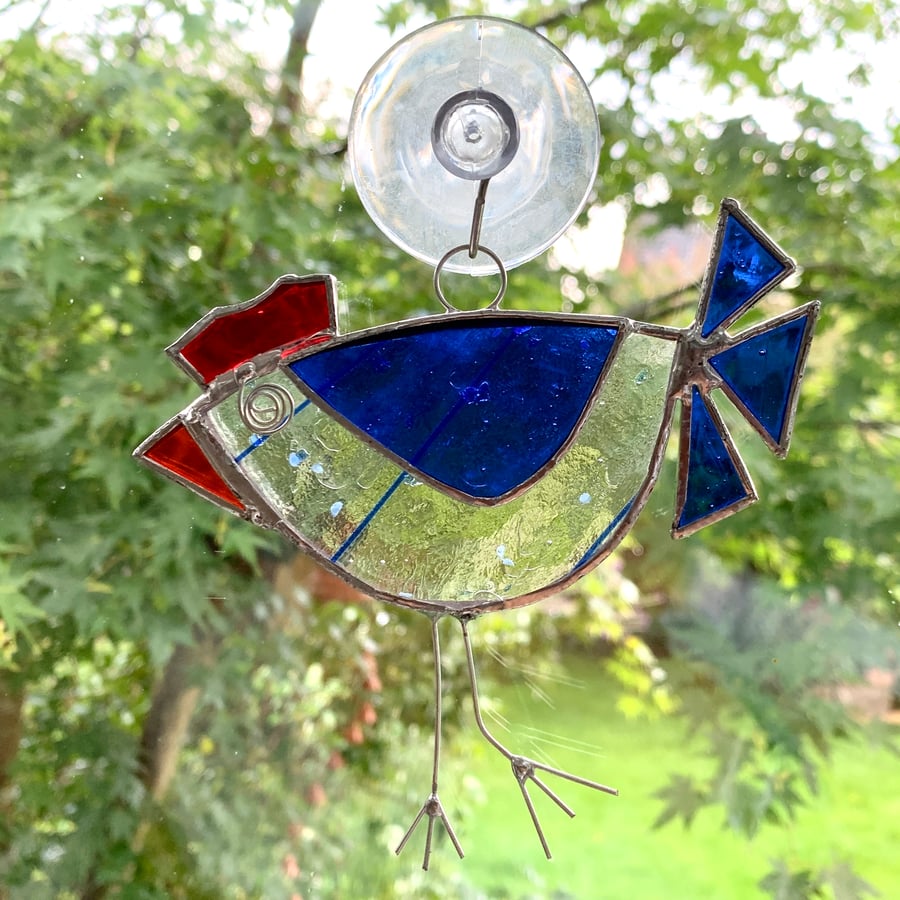 Stained Glass Funky Hen Suncatcher - Handmade Window Decoration - Blue  