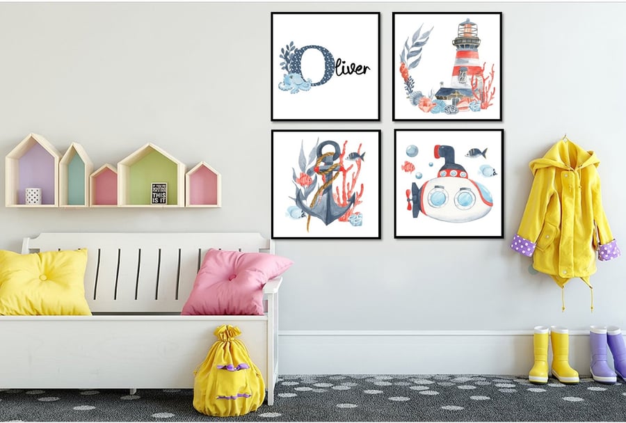Set of 4 Personalised Seaside Themed prints for Children