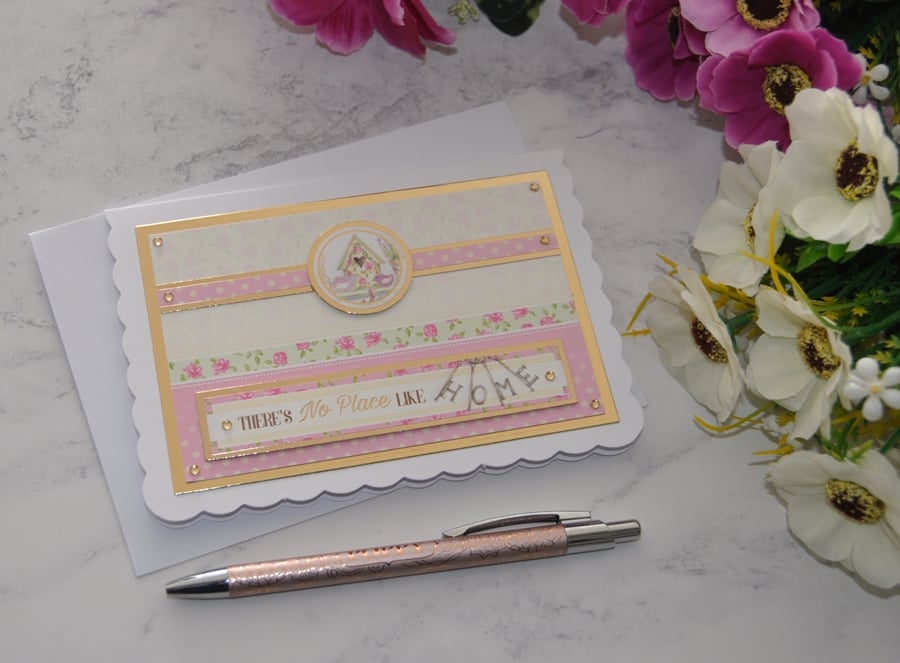 New Home Card There's No Place Like Home Gold Flowers Luxury Handmade Card