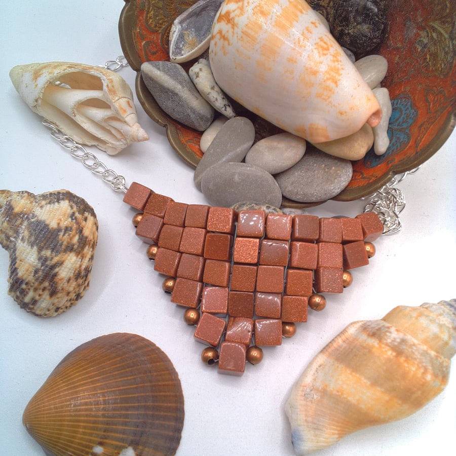 Hand Sewn Goldstone and Bronze Coloured Bead Pyramid Necklace, Gift for Her