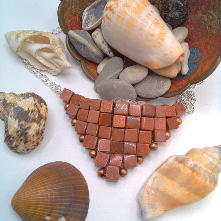 Hand Sewn Goldstone and Bronze Coloured Bead Pyramid Necklace, Gift for Her