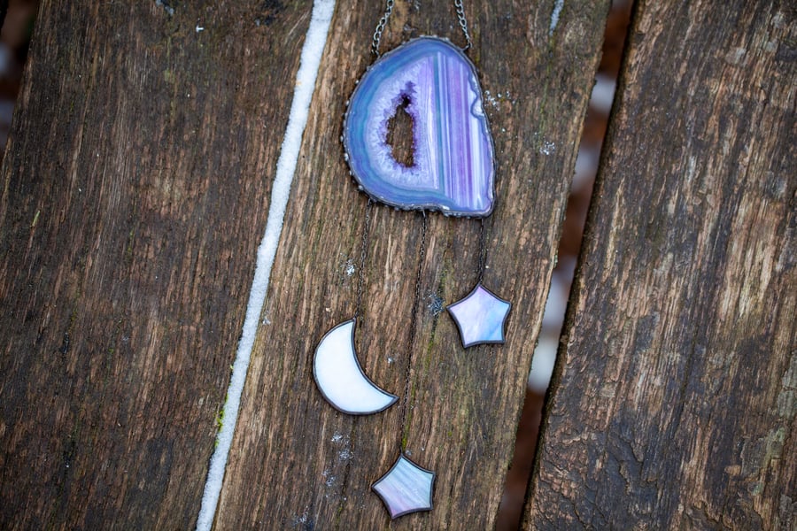 Stained glass crescent moon and stars real agate suncatcher celestial decoration