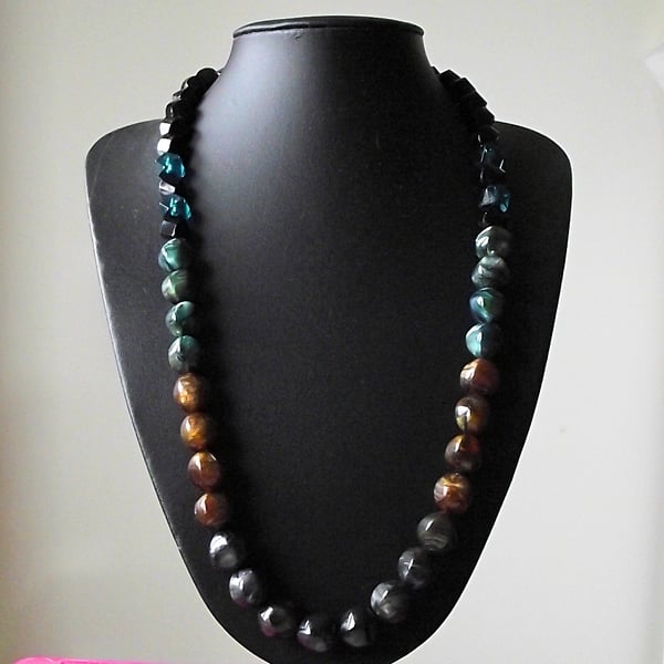 Glass and acrylic bead necklace golden brown green black marbled dark recycled