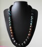 Glass and acrylic bead necklace golden brown green black marbled dark recycled