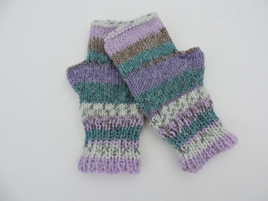 Knitted Fingerless Mittens Gloves  Teal Taupe Grey Lilac Fair Isle