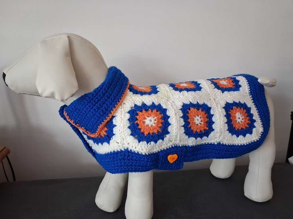 Crochet Dog Coat Blue And Orange With Buttons (J149)