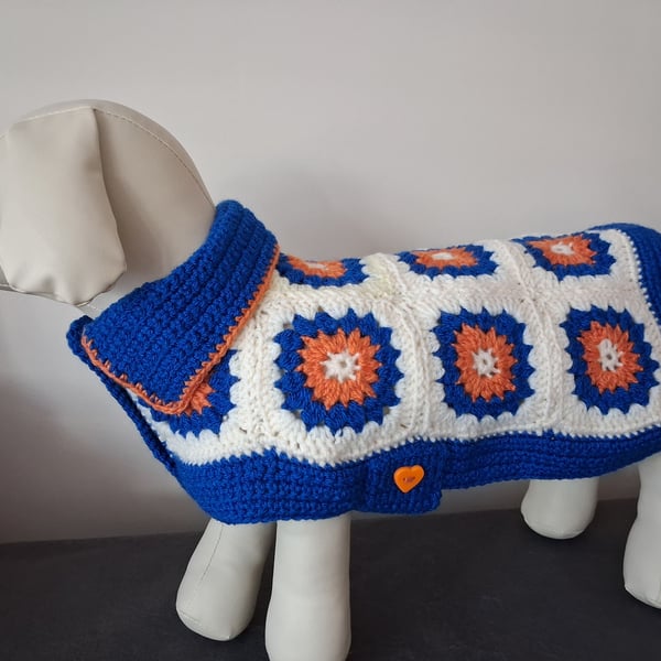 Crochet Dog Coat Blue And Orange With Buttons (J149)