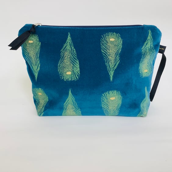 Feather Print Velvet Zip-Up Pouch; Makeup Bag; Hand printed Purse