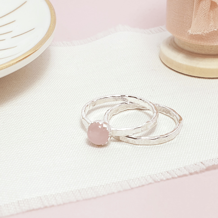 Rose quartz, sterling silver gemstone stacking ring duo set with hammered detail