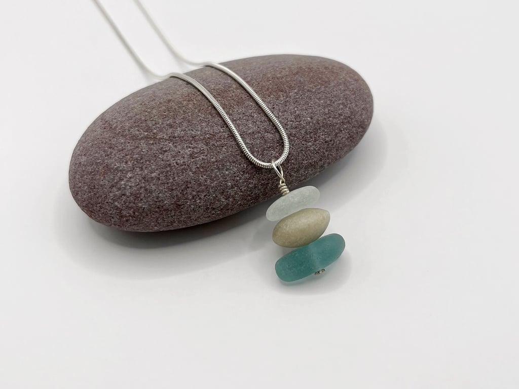 Jade and Cornish Sea Glass Stack Pendant - Teal