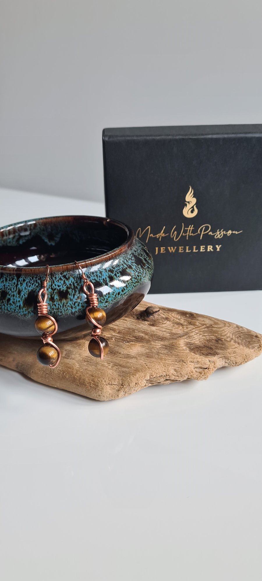 Handmade Natural Tiger's Eye & Copper Dangle Drop Earrings Gift Boxed 
