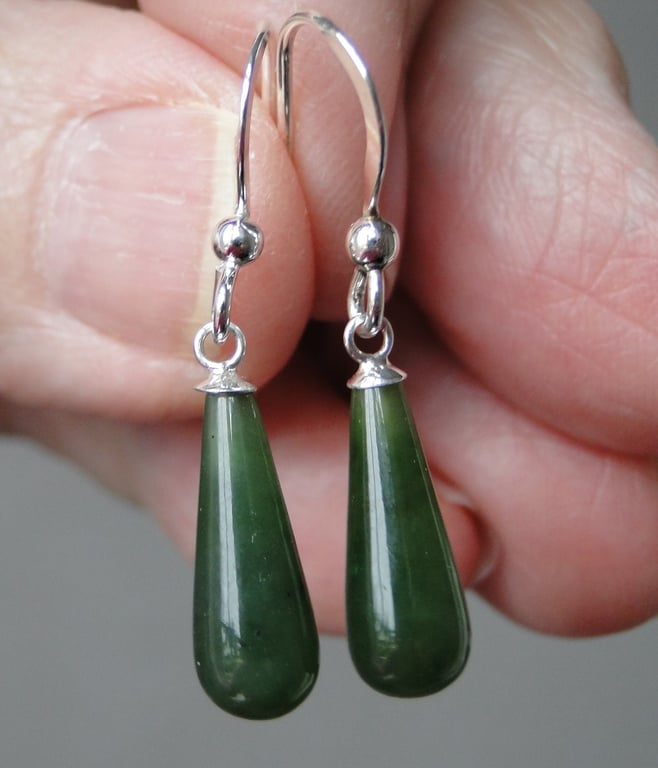 Semi Precious Green Jade teardrop earrings on sterling silver hooks  Unique