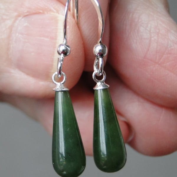 Semi Precious Green Jade teardrop earrings on sterling silver hooks  Unique