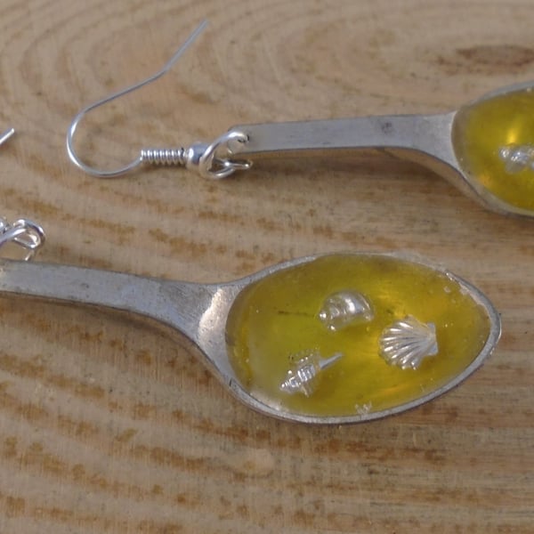 Upcycled Silver Plated Yellow Shell Sugar Tong Spoon Earrings SPE072015