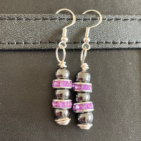 Purple Rhinestone Hematite Earrings