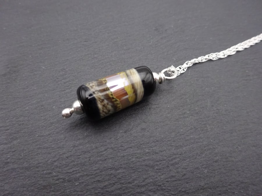 black and silver lampwork glass pendant necklace