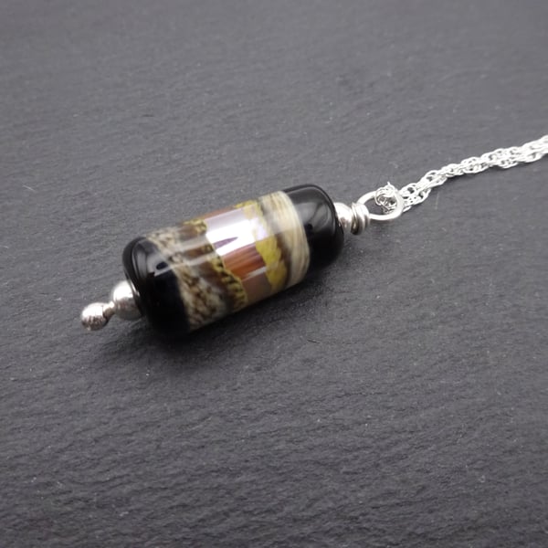 black and silver lampwork glass pendant necklace