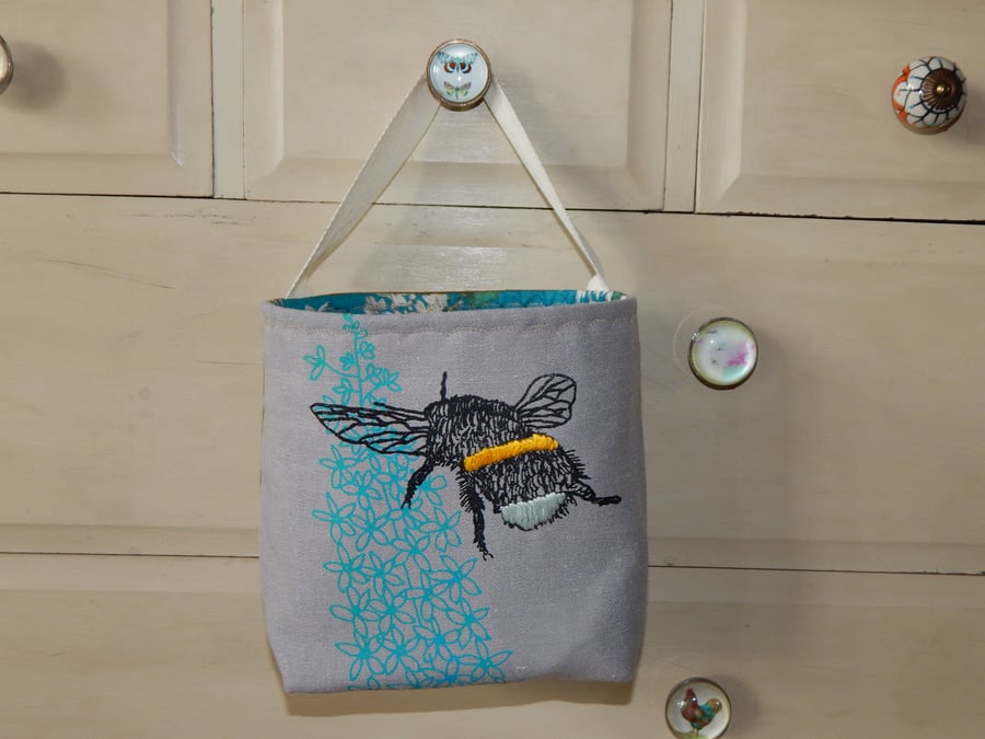 Bee and Delphinium fabric storage basket - Grey and blue
