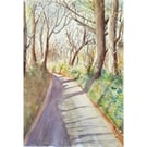 Original watercolour painting View from a Spring Walk countryside scene Cornwall