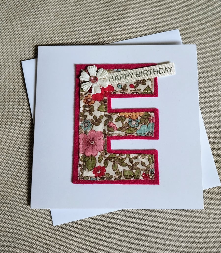 Fabric Initial E Birthday Card 