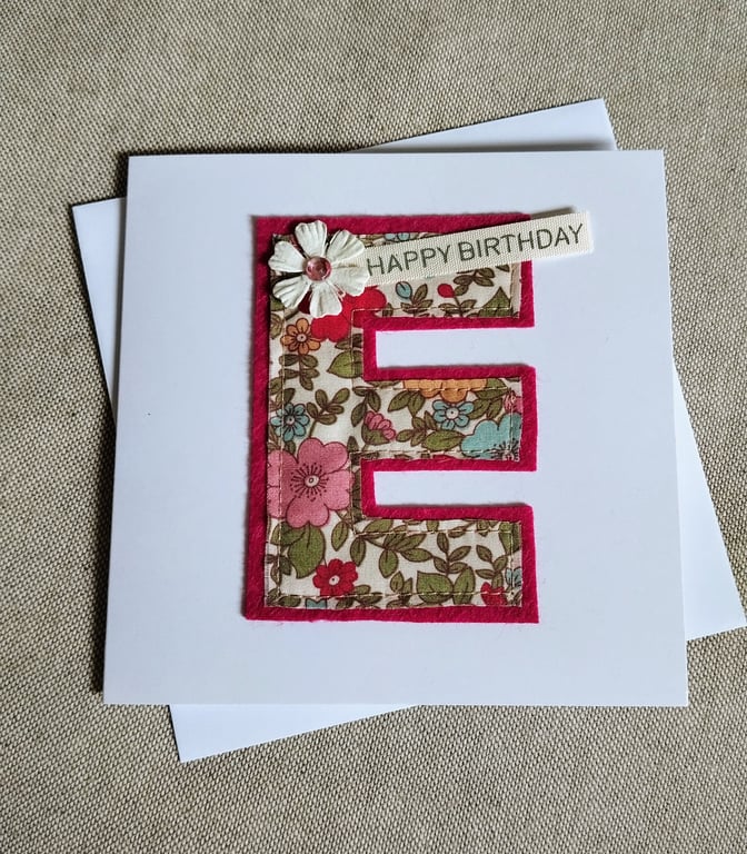 Fabric Initial E Birthday Card 