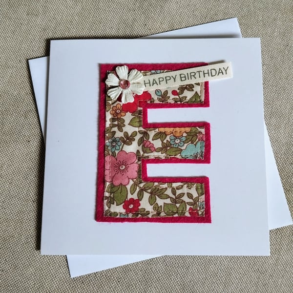 Fabric Initial E Birthday Card 