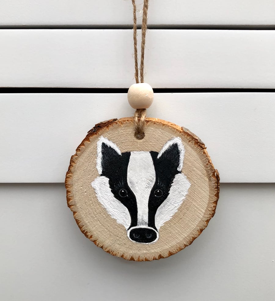 Badger hand painted wood slice hanging decoration 