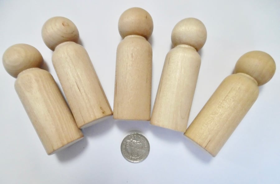 5 x  STRAIGHT  body 9cm   LARGE peg dolls birch wood  