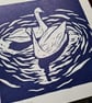 Blue swan handprinted linocut print 21x21cm - Image 4