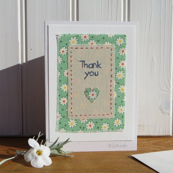 Hand-stitched Thank You card with pretty retro flower print fabric