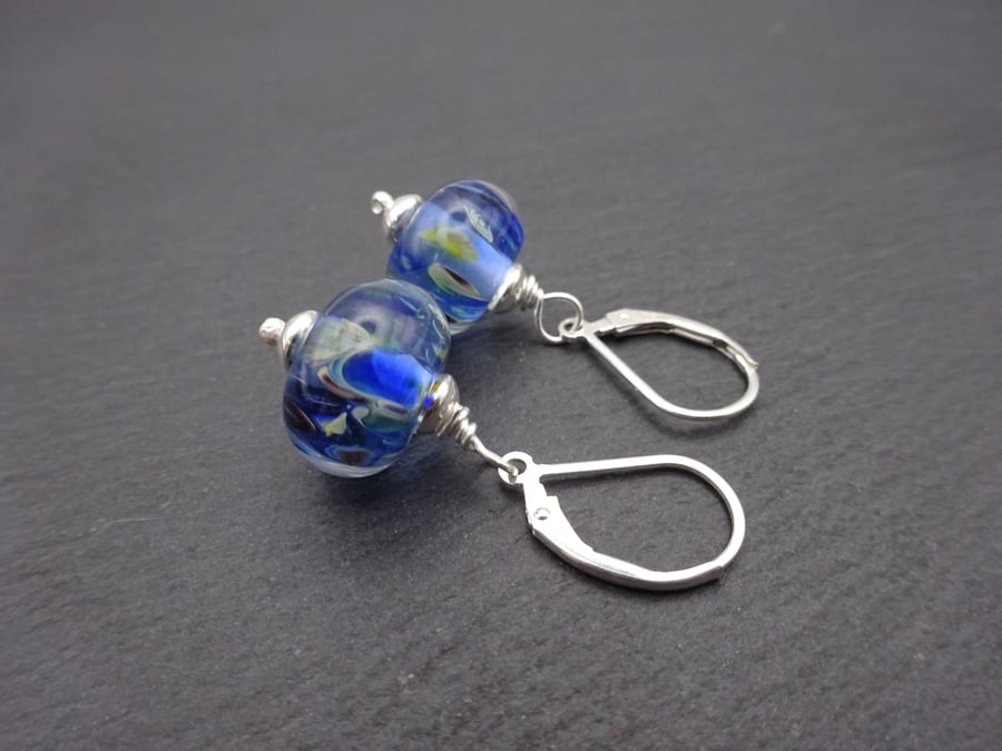 blue lampwork glass earrings, sterling silver