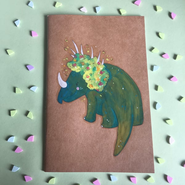 Triceratops Floral Dinosaur, One Of A Kind, Notebook, Sketchbook, Hand Painted 