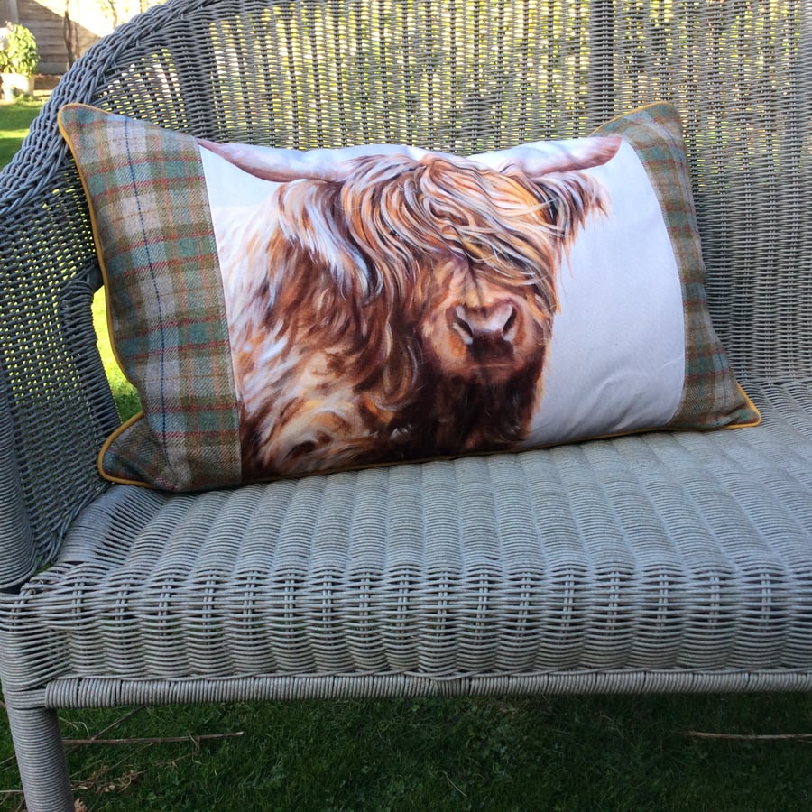 Highland cow cushion, Longhaired coo oblong plaid pillow, Easter Decor ,