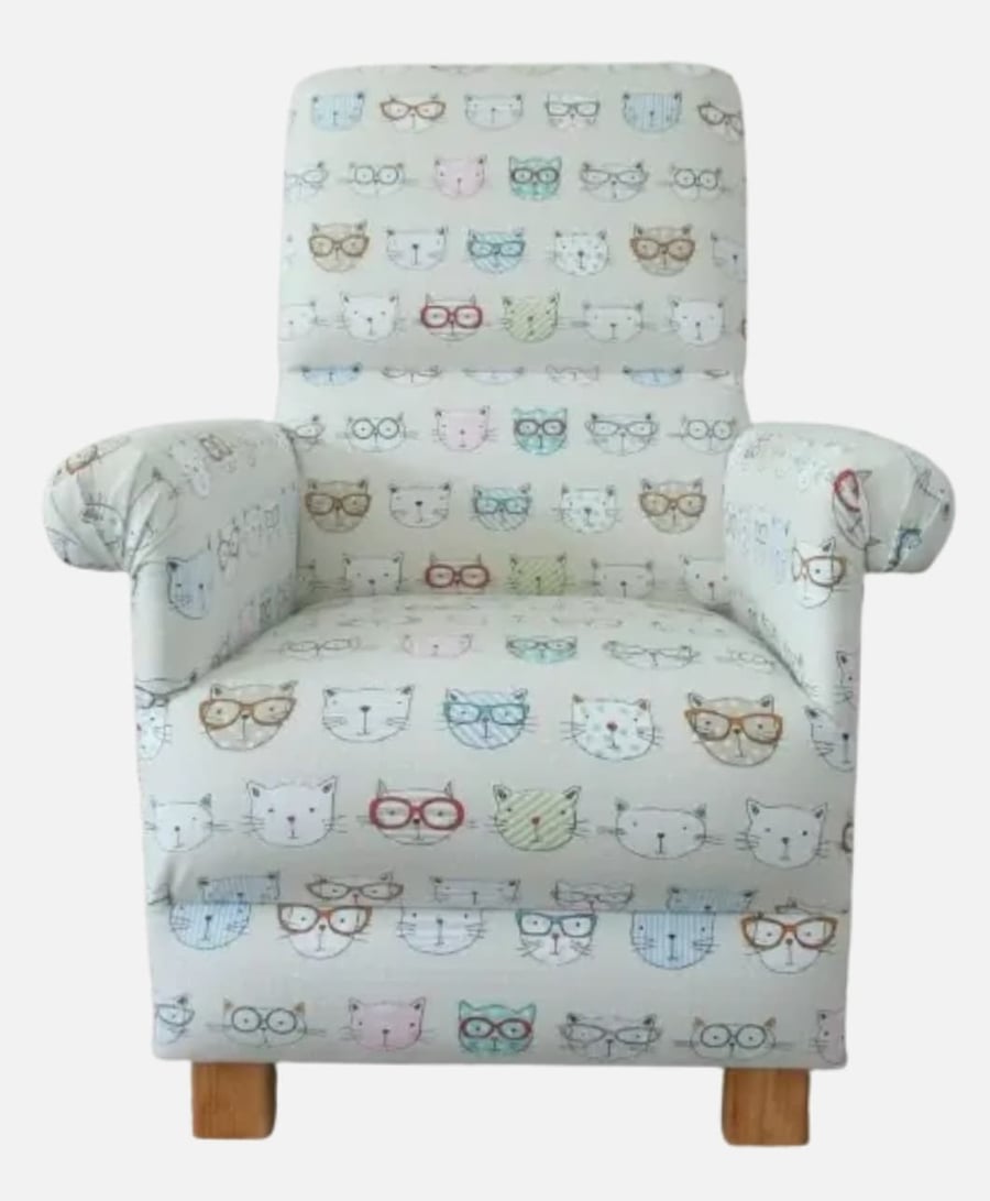Cool Cats Fabric Adult Chair Armchair Accent Kittens Patchwork Cream Green 