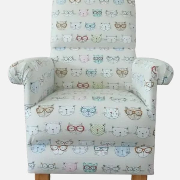 Cool Cats Fabric Adult Chair Armchair Accent Kittens Patchwork Cream Green 