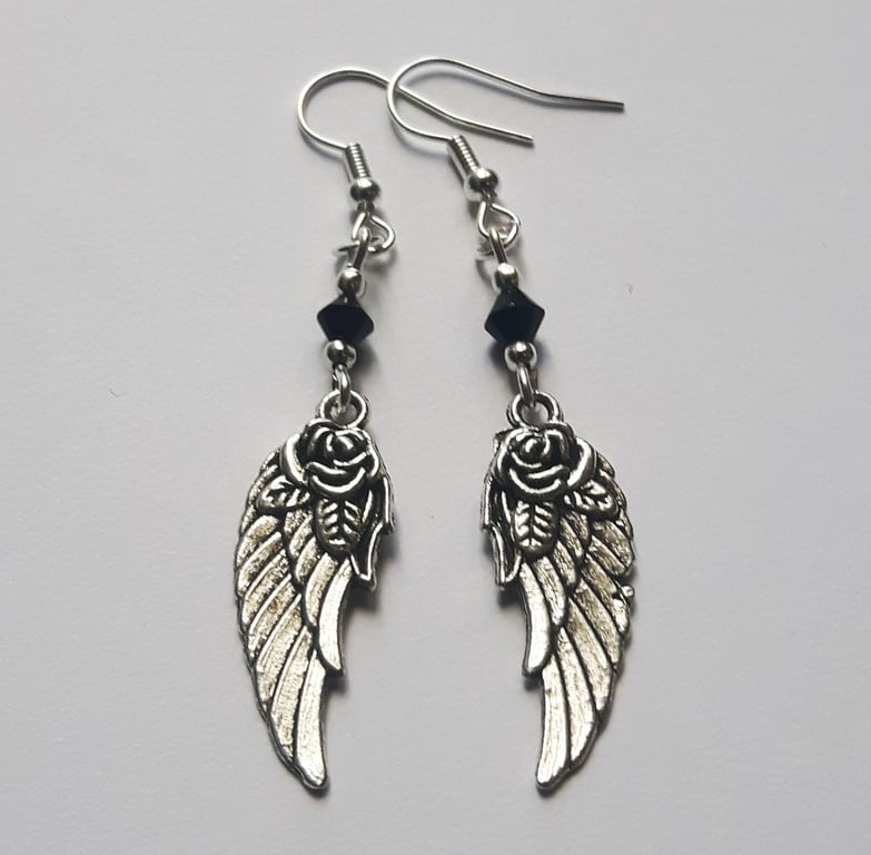 Black Crystal Rose Angel Wing Gothic Drop Dangle Earrings