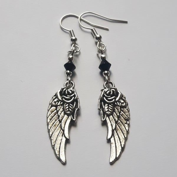 Black Crystal Rose Angel Wing Gothic Drop Dangle Earrings