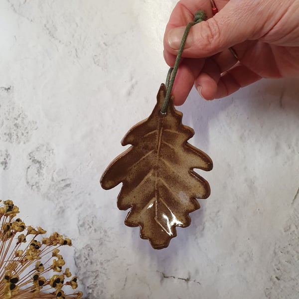 Ceramic bag charm handmade stoneware oak leaf