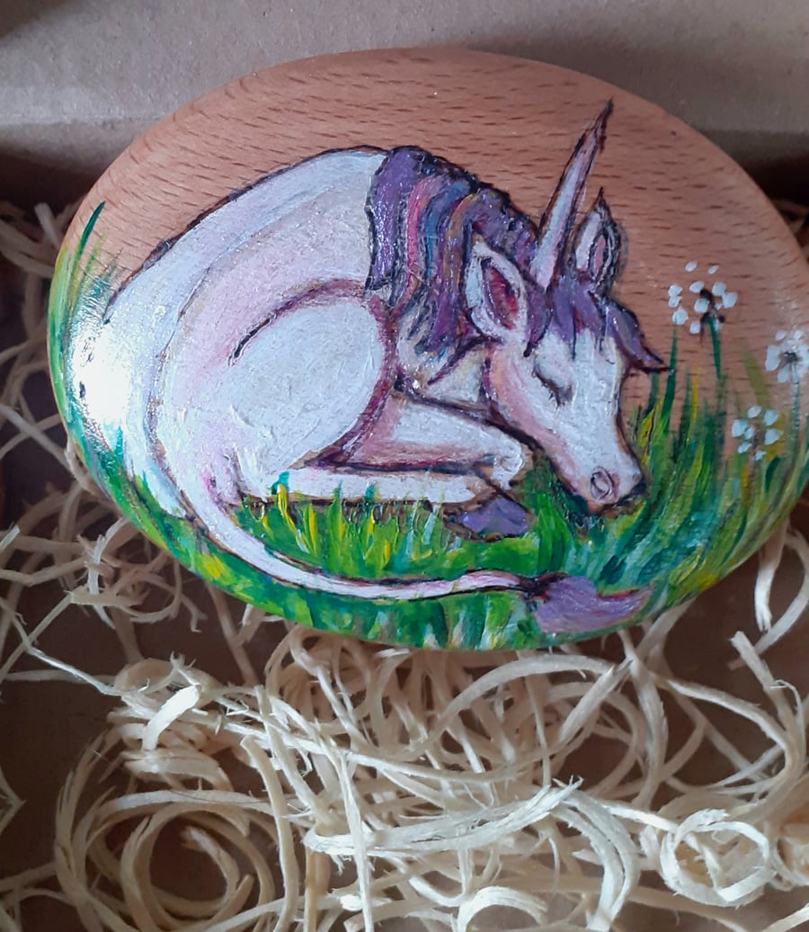 Unicorn painted wood pebble