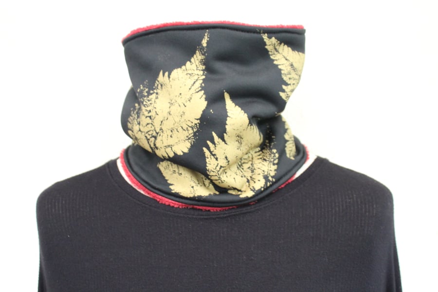 Black Neck warmer,hand print gold fern, Handmade stretch fleece Snood scarf.