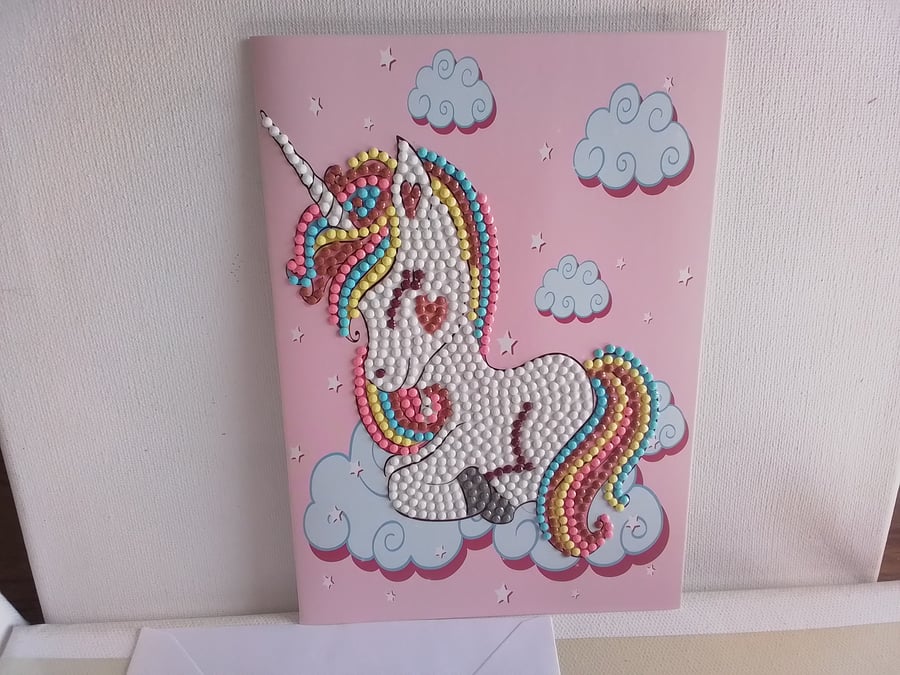 Blank unicorn card. Handmade card. Bead art. Diamond art. Ref 116