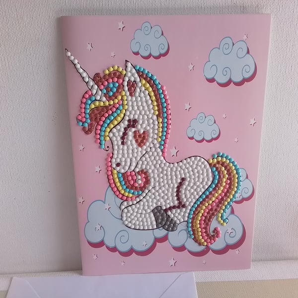 Blank unicorn card. Handmade card. Bead art. Diamond art. Ref 116